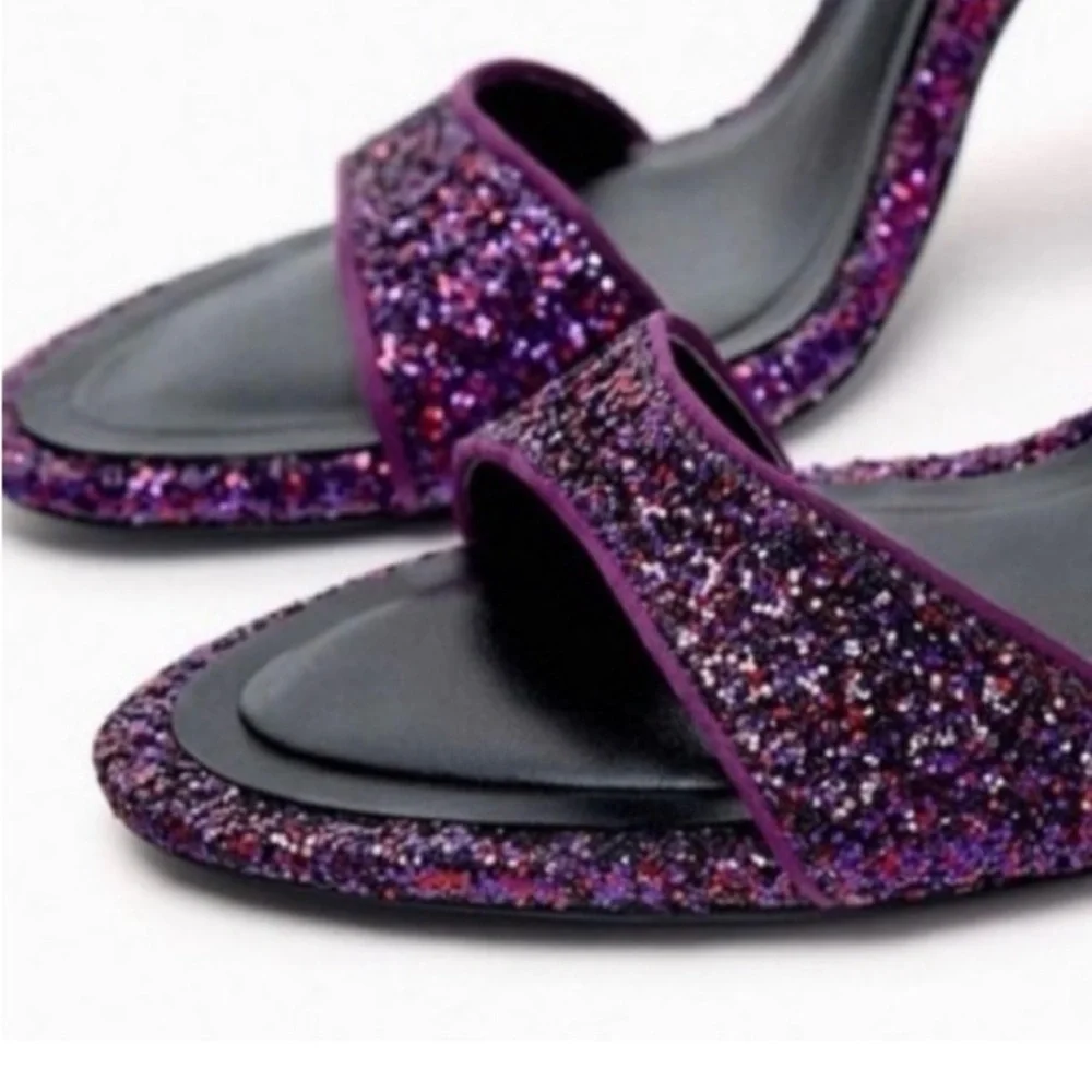 Zara Purple Glitter Block Heel Sandals w/ Ankle Strap Size 7.5 - Picture 5 of 11